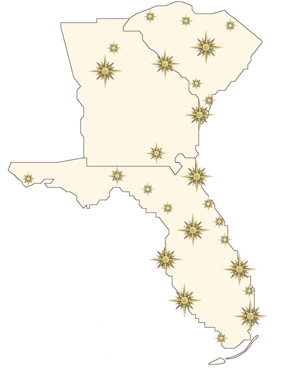 Map of the ICS service territory across Florida, Georgia, Alabama and South Carolina, with gold compass-rose markers showing adjuster coverage