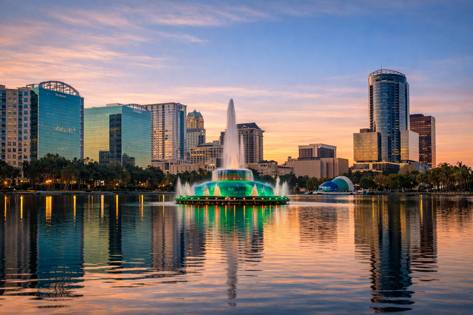 Sunrise over the Lake Eola fountain in downtown Orlando, Florida