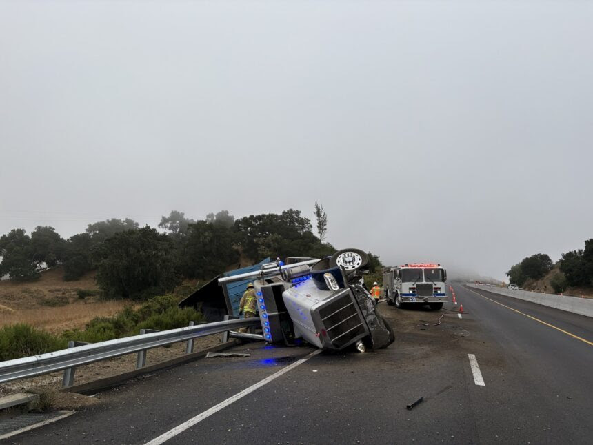 Commercial tractor-trailer on a highway