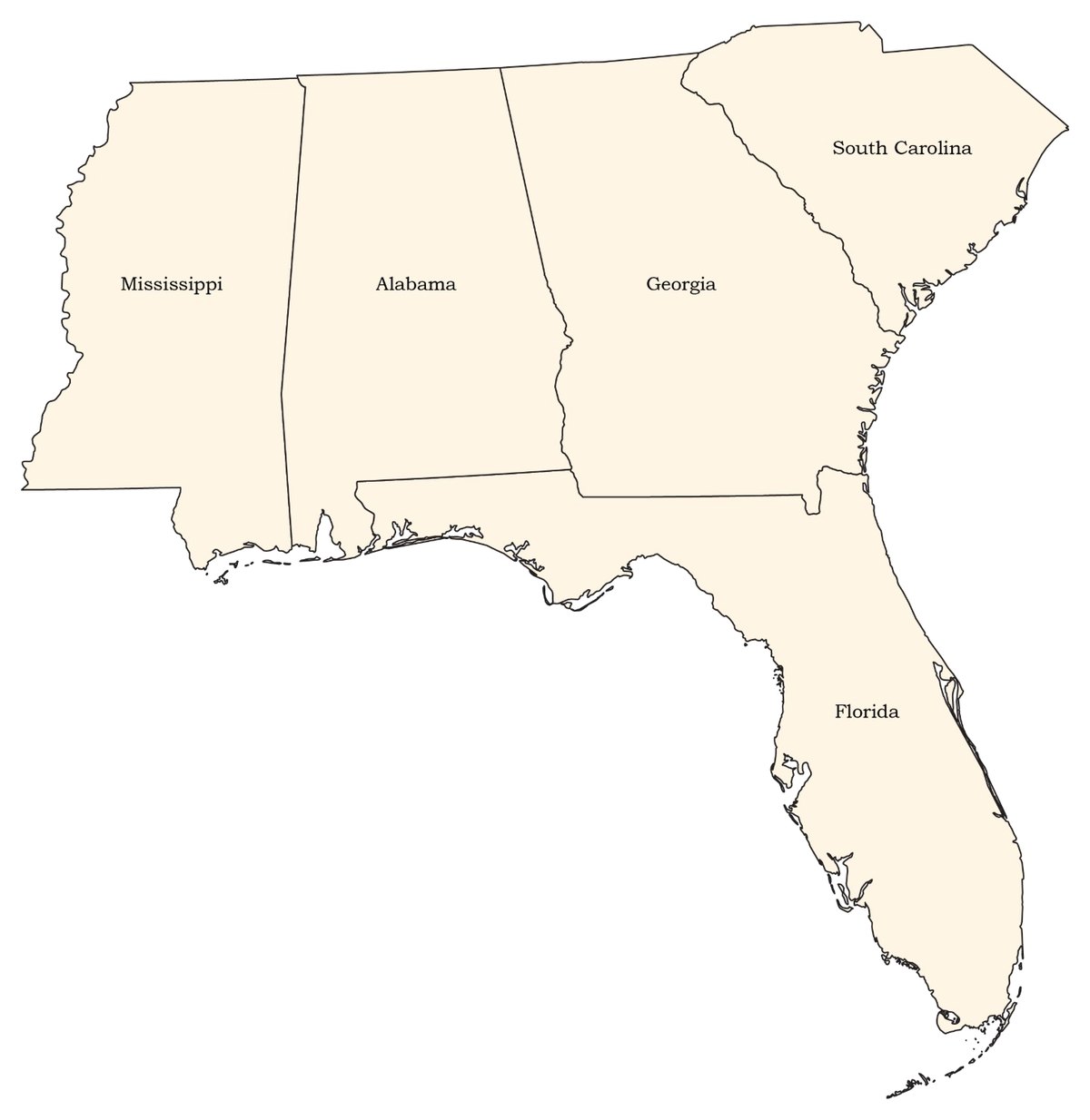 Map of the five states ICS serves: Alabama, Florida, Georgia, Mississippi and South Carolina
